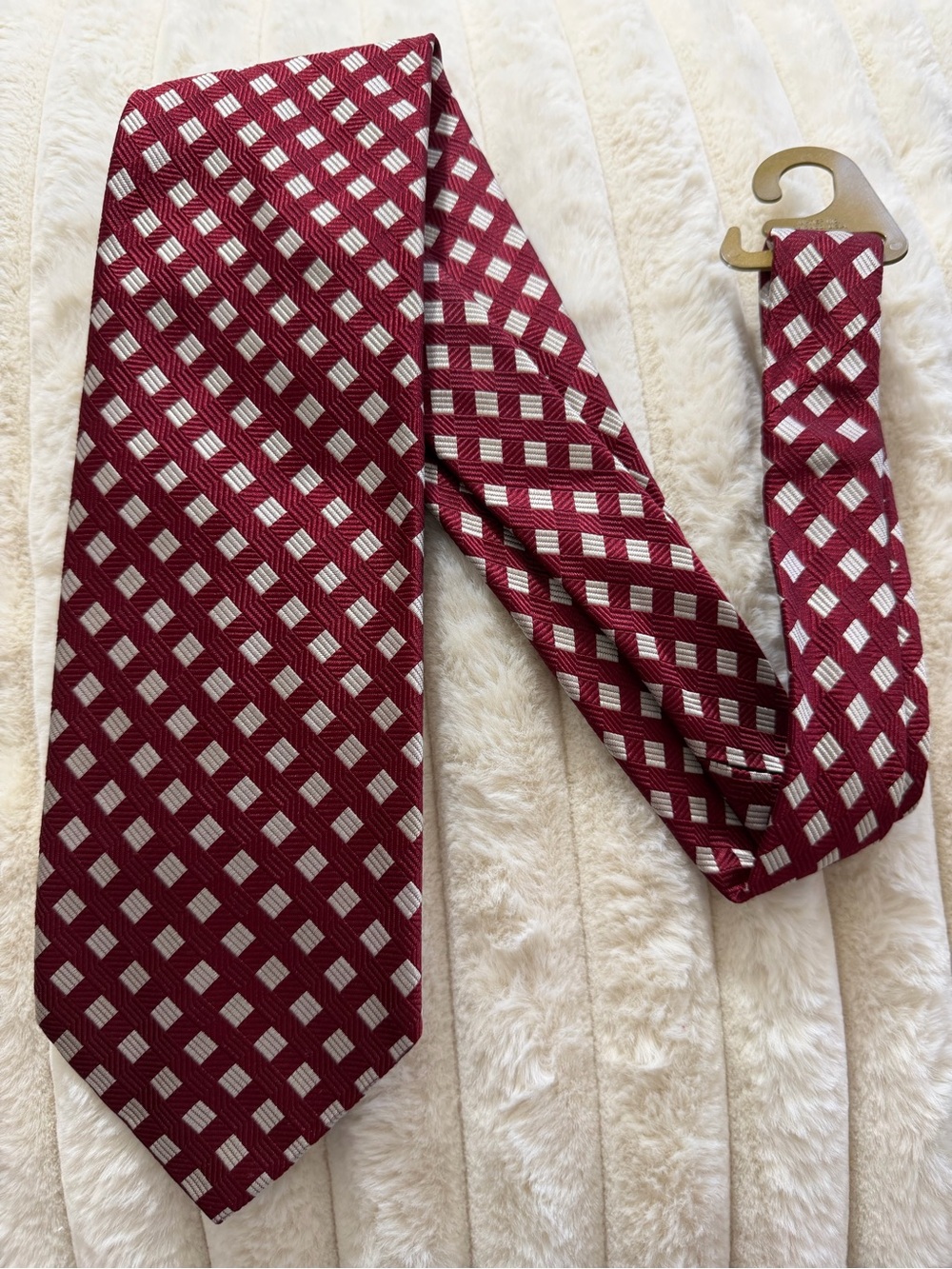 Luciano Barbera Burgundy and White Geometric Silk Tie